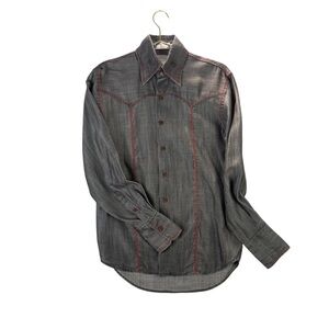 Vintage Men's S Gray Western Button-Down Shirt with Red Contrast Stitching